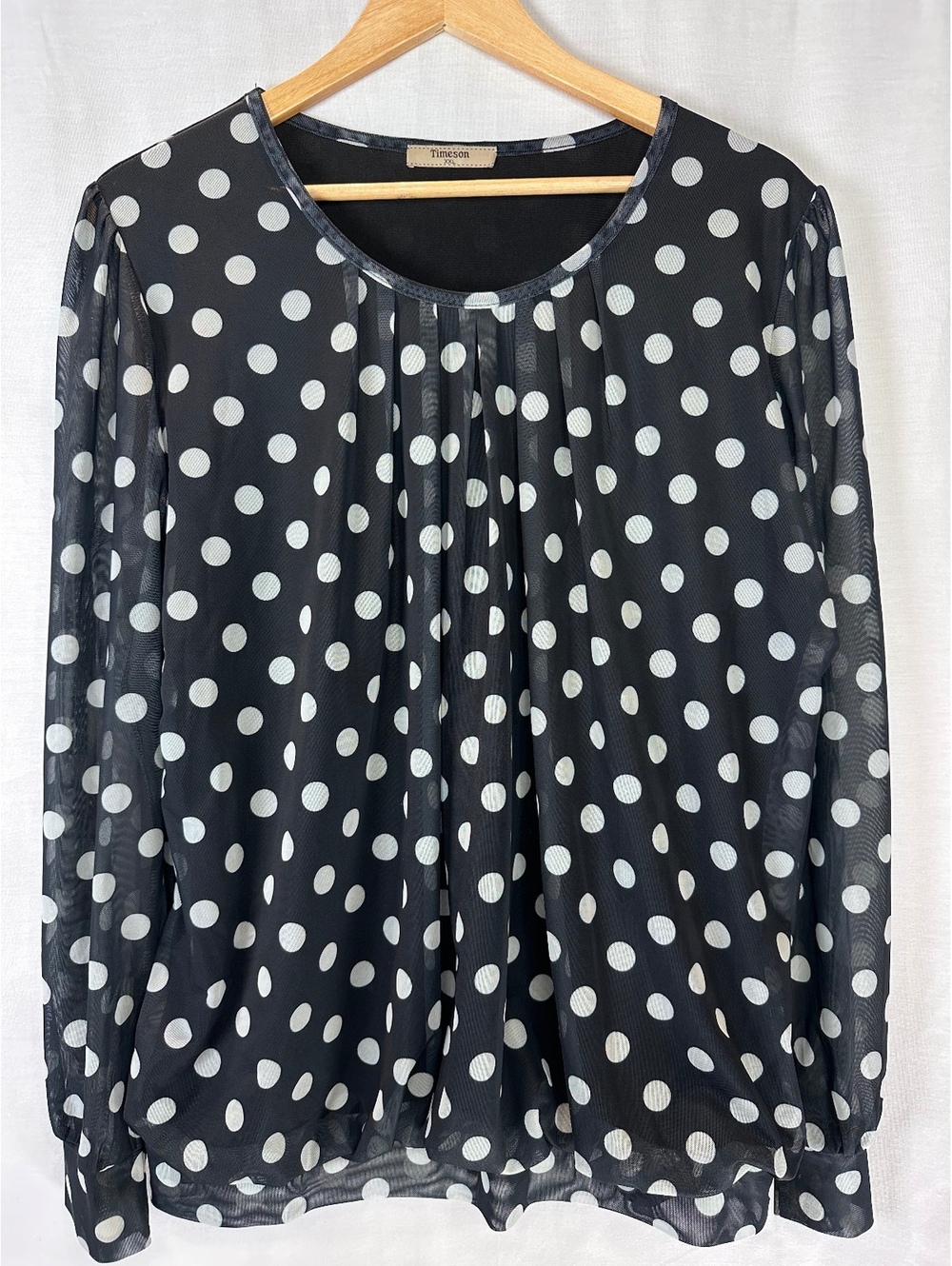 Timeson Size XXL Black & White Polka Dot Sheer Pleated Blouse